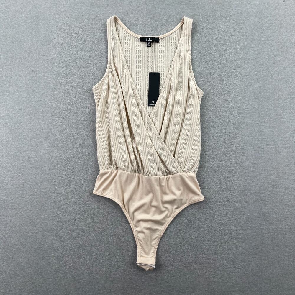 Lulus Bodysuit Tank Top Size XS Beige Pointelle Knit Surplice Plunging V-Neck